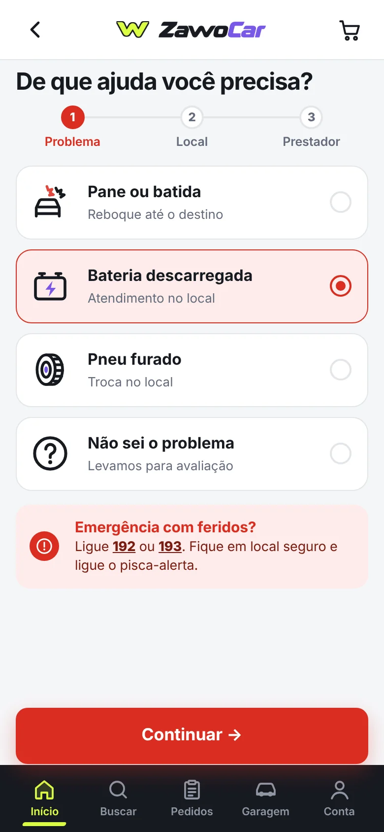 Tela de pedido de socorro no app
